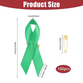 GLOBLELAND 100Pcs Mental Health Awareness Ribbon Green Satin Ribbon Lapel Pins for Charity Events Ribbons with Safety Pins for Women Men