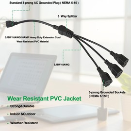 1 to 3 Power Extension Cord Y Splitter, 3-Prong Heavy Duty Indoor Outdoor Cable Outlet Protector, NEMA 5-15P to NEMA 5-15R, Y-Type 3 Outlet Extension Cord for Home, Room, Office (20 Inch)