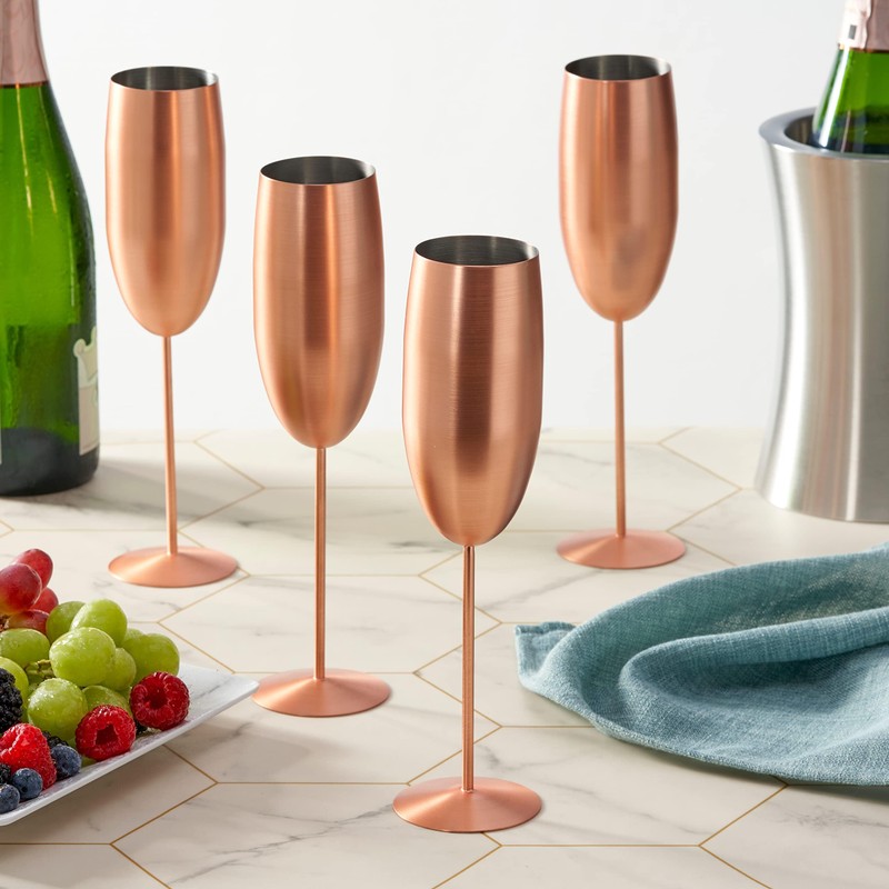 Oak & Steel - 8 Stainless Steel Champagne Flutes with