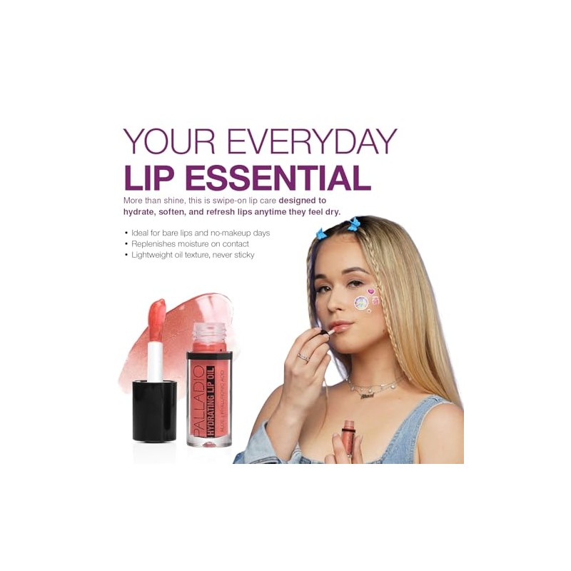 Palladio Aceite Labial Hidratante, Fórmula no pegajosa, Brillo sutil con