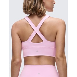 CRZ YOGA Butterluxe Womens Ruched Longline Sports Bras - V Neck Padded Yoga Tank Wide Straps Cross Back Crop Tops Vita Pink Medium