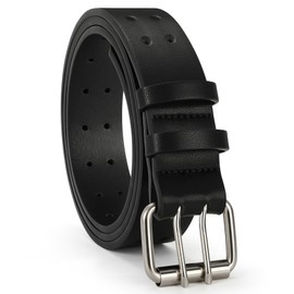 VONMELLI Mens Leather Double Prong Belt Work Casual Belts for Men Black Belt with Heavy Duty Dual Holes for Jeans, L