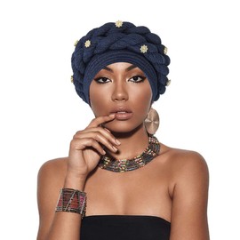 Urieo Turbante africano para la cabeza, trenzado trenzado, suave, preatado, pañuelo para la cabeza, para mujer, Azul marino