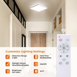 BLNAN Dimmable Motion Sensor LED Ceiling Light with Remote Control, 12 Inch 24W 2400LM Radar Motion Activated Flush Mount Wired Light Fixture for Closet Hallway Laundry Porch Stair, 3000K 4000K 5000K