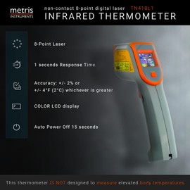 Metris Instruments Digital Infrared Thermometer Gun Laser Temperature Gauge for Cooking, Grill, Pizza Oven, HVAC Tools, 8-Point, 76o to 932o F [-60o to 500o C] 12:1 D:S Ratio, Model TN418L1