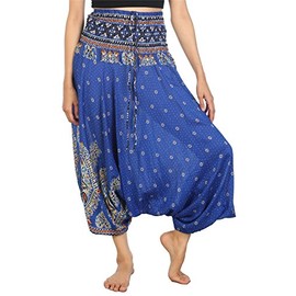 LOFBAZ Yoga Harem Pants for Women Boho Hippie Bohemian Clothing Womens Indian Beach Gypsy Clothes Maternity Genie Jumpsuit Floral Blue S