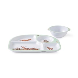 Royal Worcester Wrendale Designs Little Wren Tray & Bowl Set - Kids Tableware with 4-Section Lunch Tray & Handled Bowl, Featuring Baby Animal Artwork on Durable Melamine - Dishwasher Safe