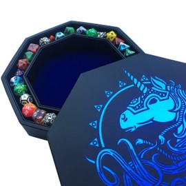 Fantasydice- Blue - War Unicorn- Dice Tray - 8" /20CM Octagon with Lid and Dice Staging Area- Holds 5 Sets(7 Dice Set/Standard) for All Tabletop RPGs Like D&D, Call of Cthulhu, Shadowrun.