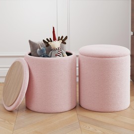 Ottoman Poufs with Storage, Set of 2 Soft Upholstered Vanity Stool,Multifunctional Ottomans Coffee Table Padded Seat Foot Rest for Living（Pink, Pack of 2）
