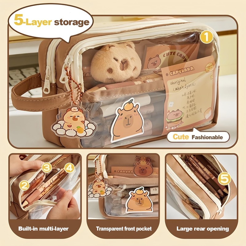 Pencil Case with Zipper,Cartoon Capybara 5 Layers Compartment Clear Pencil