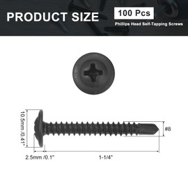 sourcing map 100Pcs #8x1-1/4" Phillips Head Self Tapping Screws, Carbon Steel Self Drilling Flat Head High-Strength Quick Tapping Screws Wood Screw for Wood, Metal, Plastic, Black