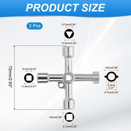 PATIKIL 4-Way Multi-Functional Utility Key, 2 Pack Universal Cross Key Stopcock Key 4 in 1 Triangle Square Key for Electric Water Gas Meter Valve Elevator Cabinet, Silver