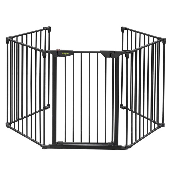 Bonnlo 121-Inch Metal Fireplace Fence Guard 5-Panel Baby Safety Gate/Barrier/Play Yard with Door Christmas Tree Fence Hearth Gate for Kids/Pet/Toddler/Dog/Cat, Black