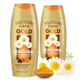 Manzanilla Grisi Gold Extra Lightening Shampoo Cleansing and Extra Lightening with Chamomile Extract and Turmeric Lightens Naturally Soft and Luminous Hair, 2 Pack of 13.5 FL Oz, Bottles, 2 Count