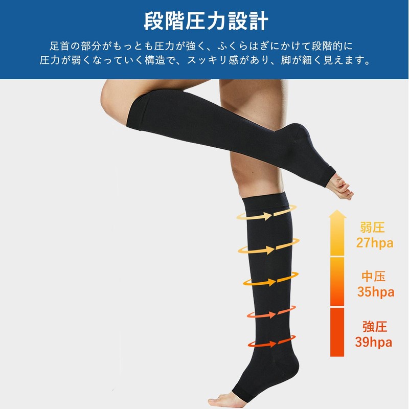 [MACITEET] 着圧ソックス 弾性ストッキング 強圧 27-39hPa 段階着圧 履き心地 強い ふくらはぎ サポーター