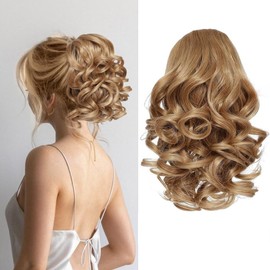 Strawberry Blonde Ponytail Extension, Claw Short Thick Wavy Curly Jaw Clip in Fake Pony Tails Fake Hair Honey Blonde Wavy Ponytail Synthetic Hair pieces Mid Length Hair Extensions for Women (Brown, 9 inch)
