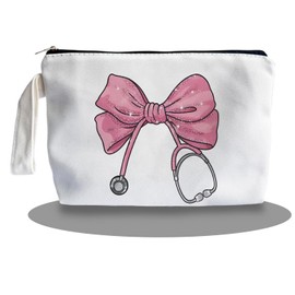 SQQCMM Pink Coquette Bow Stethoscope Nurse Makeup Bag - Trendy Nurse Themed Gifts for Lovers Girls Mom Women, Nursing Student Gifts, Canvas Zipper Makeup Bag, Cosmetic Travel Bags for Women