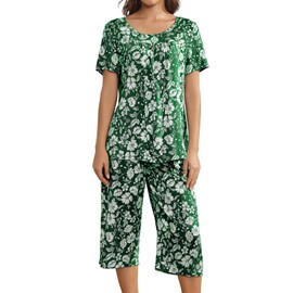 Husmeu Pyjamas for Women en Cotton Ladies Pyjamas Set Floral Printing Short Sleeve Two Piece Sleepwear Loungewear with Pockets Green M
