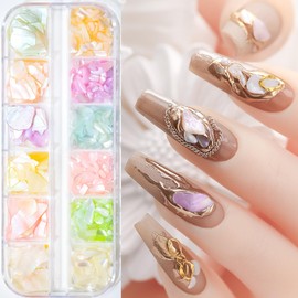 Colorful Seashell Slices Nails Decoration, 3D Irregular Nail Art Glitter Sequins 12 Mix Colors Shiny Shell Slices Accessories Colorful Manicure Seashell Slices UV Gel Flake Shell Nail Decorations