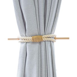 Framendino, 2 Pack Cotton Rope Curtain Tiebacks with Wood Club Wooden Jute Curtains Tie Backs for Farmhouse Home Office