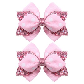 4-Inch Glitter Pink Polka Dot Hair Bows Alligator Clips for Girls Toddlers Teens Kids Grosgrain Ribbon Bowknot Hair Barrettes Hairpins Decor Accessories Gift Set of 2