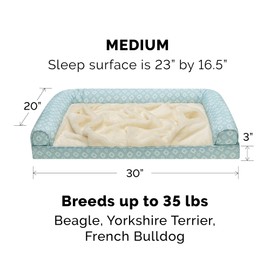 Furhaven Cooling Gel Dog Bed for Medium/Small Dogs w/ Removable Bolsters & Washable Cover, For Dogs Up to 35 lbs - Plush & Diamond Print Nest Top Sofa - Aqua, Medium