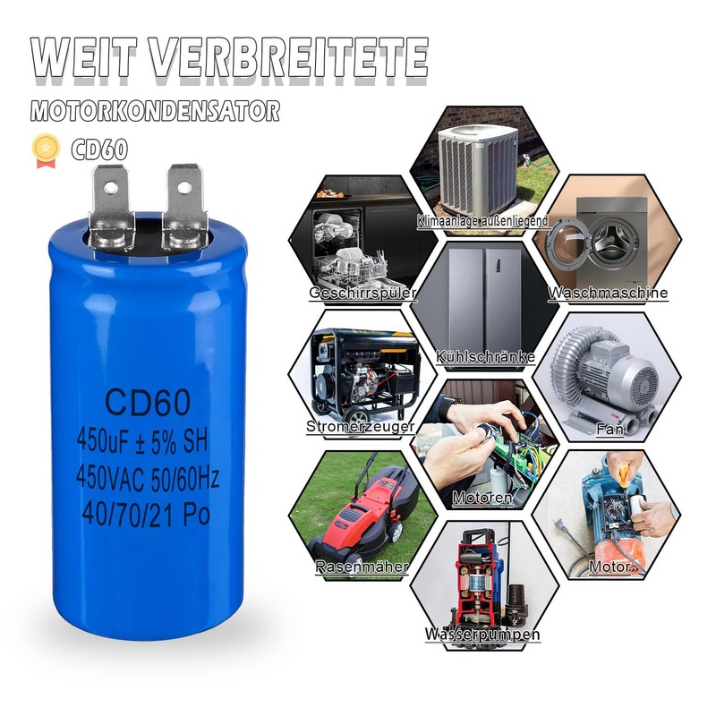 Iruihoo CD60 Motor Capacitor 450µF 450V Capacitor 50/60Hz Starting Capacitor