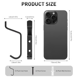 Coat Hook for Hanging, 12 Pack Aluminum Black Wall Hooks, 10KG Load-Bearing Maximum, Double Hook Behind The Door for Hanging Towels, Bag, Hats, Keys