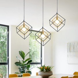 SHANSRUI Modern Geometric Chandelier, 1-Light Metal Pendant Light Fixture Black Brass Hanging Ceiling Light Industrial Farmhouse Cube Lighting for Kitchen Island Entryway, E26 Base