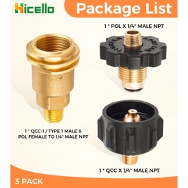 3 PCS Propane Gas Brass Fitting Adapters – QCC1 Male/POL Female to 1/4" NPT Male + POL Male to 1/4" NPT Male + QCC1 Male to 1/4" NPT Male (Brass Combo Kit for BBQ, RV, Camping, Grills & Heaters)
