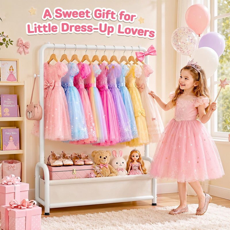 Kids Clothing Rack with Storage Basket Sturdy U-Shaped Dress Up