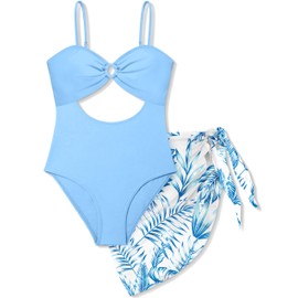 MIGU Girls Bathing Suits Size 8-10 One Piece Swimsuits Adjustable Straps Blue Cutout Girls Swimsuit with Tropical Print Cover Up for Swimwear 9-10