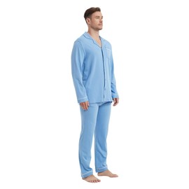 Amaxer Men's Long Cotton Pyjamas Set with Button Placket Long Sleeve Loungewear for Men Two Piece Sleepwear, Plain Light Blue, L