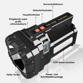 UUE LED Taschenlampe, 1800LM Handscheinwerfer, Campingleuchte mit 6 Modi Dimmfunktion, vierstufiger Leistungsanzeige, USB-C/Solar-Ladung Aufladbar Handlampe, 4500mah Akku, Wasserdicht für Camping
