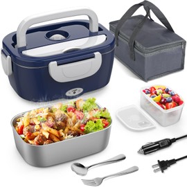 Vingud Electric Lunch Box Food Heater, 3 in 1 Heating Lunch Box for Work/Car/Truck, Heated Lunch Boxes for Adults with 1.5L Stainless Steel Container, 12V 24V 110V (Blue + White)
