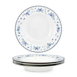 fanquare 8 Inch Porcelain Soup Bowls Set of 4, Round Pasta Plates Set for Salad, Dessert, Snack, Blue Roses