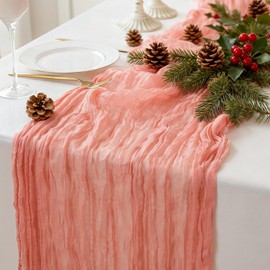 Sioloc 1 Pack Peach Coral Cheesecloth Table Runner Fall Autumn Decor for Home 10ft Table Cloth for Tea Wedding Birthday Party Baby Bridal Shower Halloween Thanksgiving