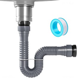 NiHome Flexible P-Trap Drain Kit for Single Kitchen Sink, Universal 1-1/2" or 1-1/4" Wastewater Drainage Tubing with Sealing Tape, Expandable Sink Waste Discharge Pipe Kit for Garbage Disposal (Grey)