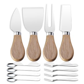 Linwnil Mini Cheese Knife Set with wood Handle - Stainless Steel Charcuterie Knife Set with 4 Fruit Forks & 4 Small Spoons - Compact Cheese Cutter Set for Charcuterie Boards