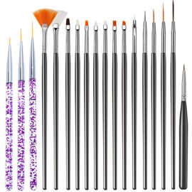 Nail Brush, 15 Pieces Nail Brush + 3 Pieces Nail Design Brushes, Professional Acrylic Nail Art Brush Set for Gel Nails Set for Watercolour Paints Nail Decoration, Black + Purple