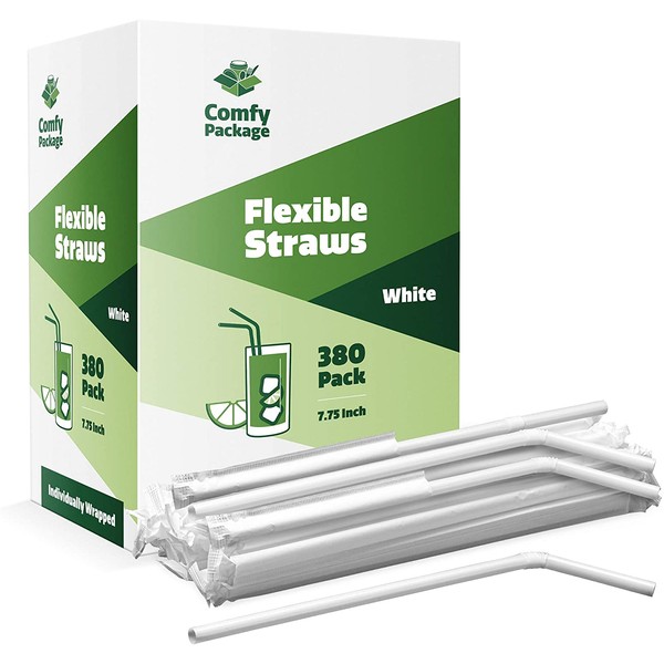 [380 Pack] Individually Wrapped Disposable Plastic Flexible Drinking Straws - BPA Free - White