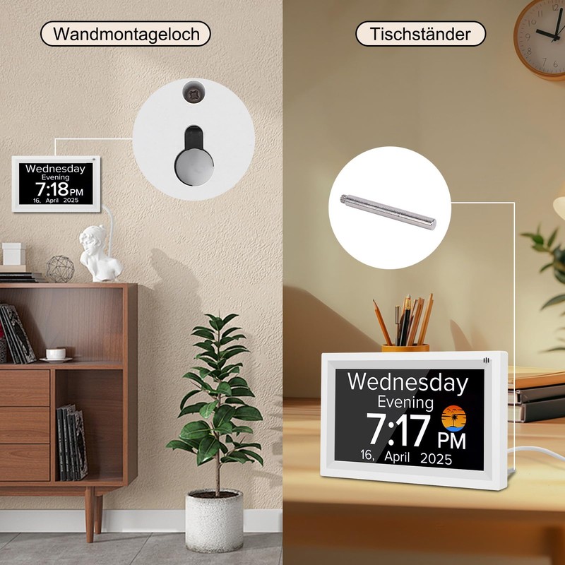 MEKOTRIN Großes Display 7 Zoll Digitaler Kalender Wecker Auto -Dimm