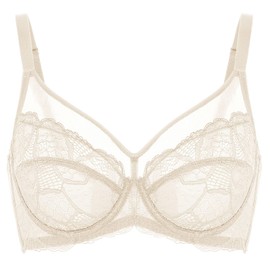 DOBREVA Women's Lace Full Coverage Minimiser Bra Unlined Underwire See Through Plus Size Bra Parchment 38E