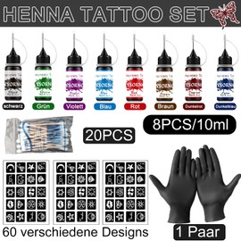 Henna Tattoo Set - 8 Colours Ink Including 60 Stencils with Gloves and Applicators, Henna Colour, Henna Freckles, for Women, Men, DIY Art, Painting, Party Gifts