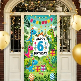 HOMETITUTE 6th Birthday Door Cover 71x35 Inch Dinosaur Theme Birthday Banner for Kids Party Decorations Jungle Backdrop Sign for Boys Girls Wall Porch Party Supplies
