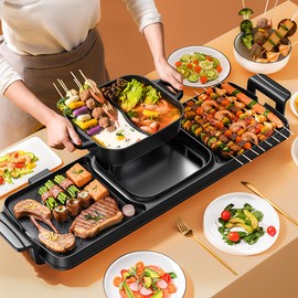 AORAN Smokeless Electric Hot Pot & Grill Combo, Large 9.5"x29" Non-Stick Design, 3 Adjustable Heat Levels, Easy to Clean，Includes Brushes, Tongs & Paper