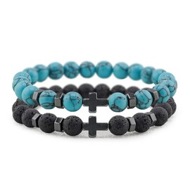 Flybar Religious Bracelet 8mm Black adjustable Beaded Cuff Charm Bracelets for son Husband Elegant Cross Bracelet, M (6.6"-7.5"), Stone, Agate