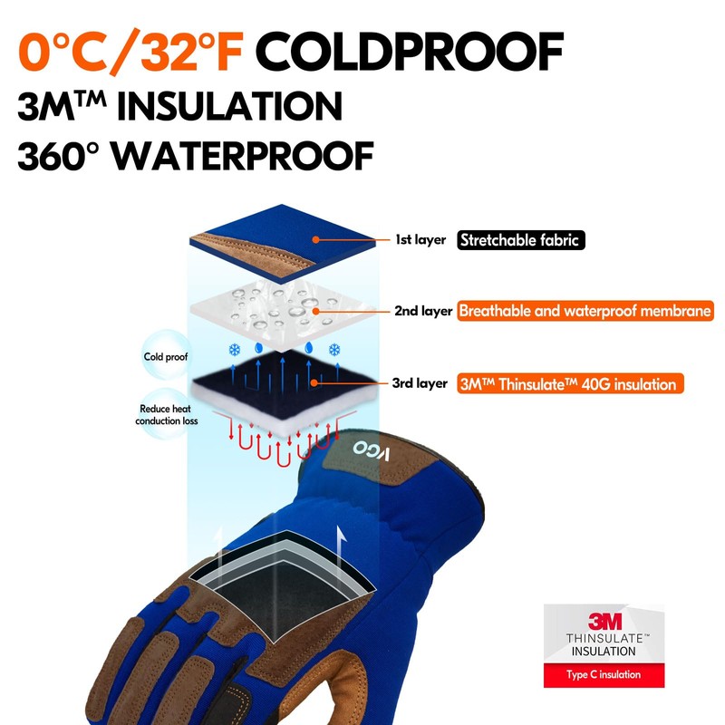 Vgo... Winter Work Gloves Waterproof Touchscreen in Leather, Thermal Safety