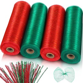 Juinte 4 Rolls Christmas Poly Mesh Ribbon Wreath 10 Inch x 30 Feet Red Green Metallic Wired Mesh Ribbon Roll and 100 Pieces Wreath Tube Cleaners Chenille Stems for Decoration DIY Crafts