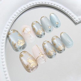 French Press on Nails Short Oval Fake Nails with Designs Gold Leaves Stick on Nails Blue Cat Eye False Nails Pearl Acrylic Nails Artificial Nails Full Cover Glue on Nails for Women 24Pcs